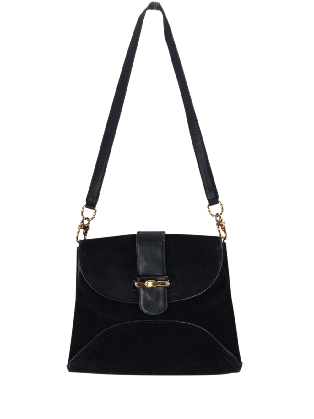 Vintage Gucci Black Suede Enamel Web Horsebit Shoulder Bag